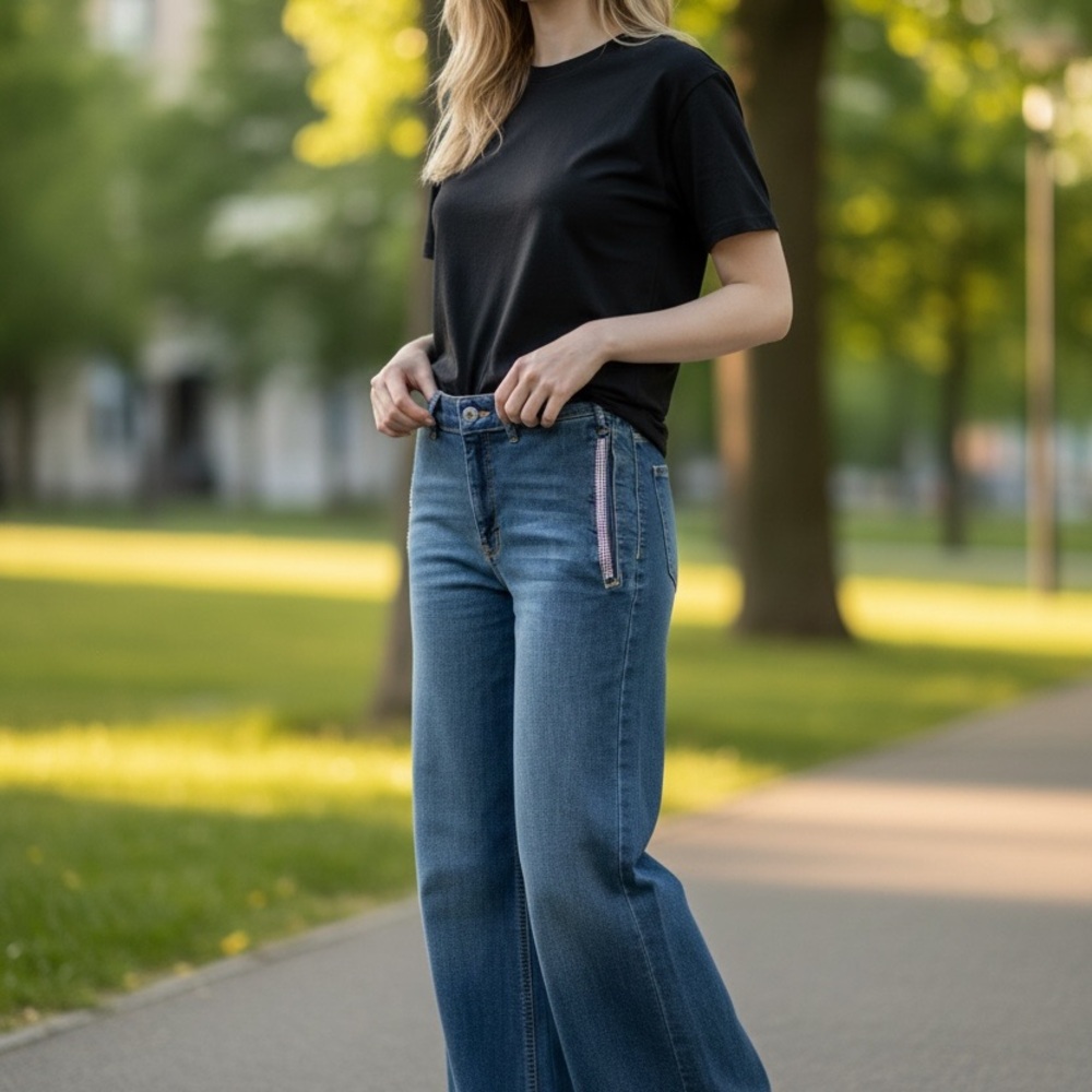 Stylish Blue Women's Jeans with Rhinestone Pocket accents